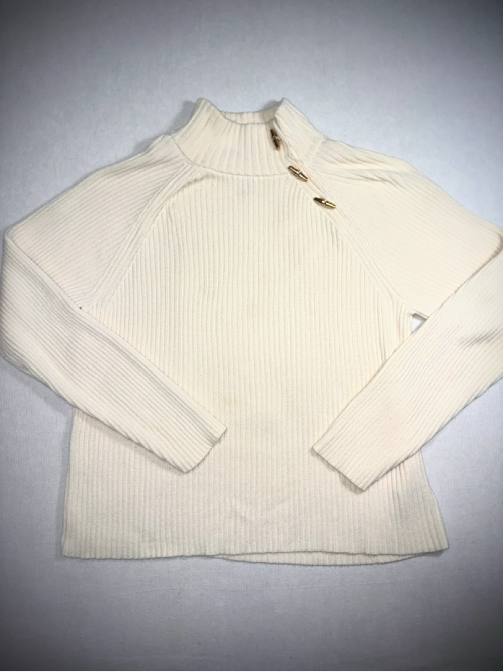 Ribbed Mock Neck Sweater with Toggle Buttons - Cream